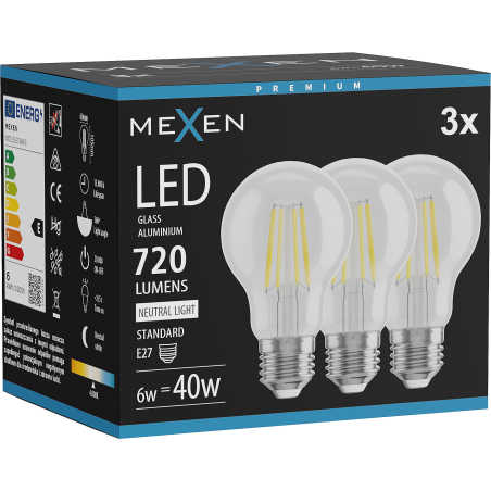 Mexen Vintis 3x żarówka filament LED E27, A60, 6W, Neutralna - 4000K, 720 lm, clear - L150-E27-0640-00x03