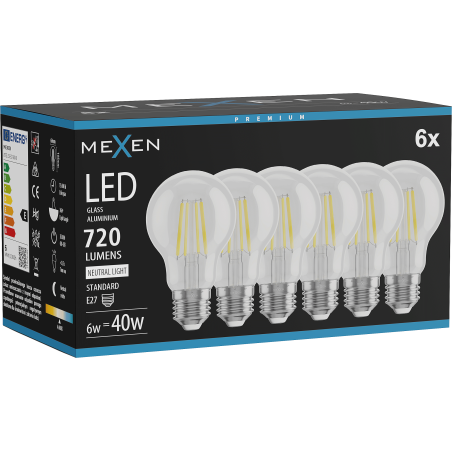 Mexen Vintis 6x żarówka filament LED E27, A60, 6W, Neutralna - 4000K, 720 lm, clear - L150-E27-0640-00x06