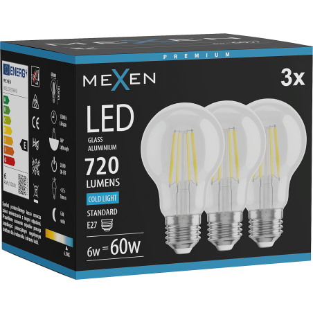 Mexen Vintis 3x żarówka filament LED E27, A60, 6W, Zimna - 6500K, 720 lm, clear - L150-E27-0665-00x03