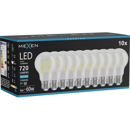 Mexen Vintis 10x żarówka filament LED E27, A60, 6W, Zimna - 6500K, 720 lm, clear - L150-E27-0665-00x10