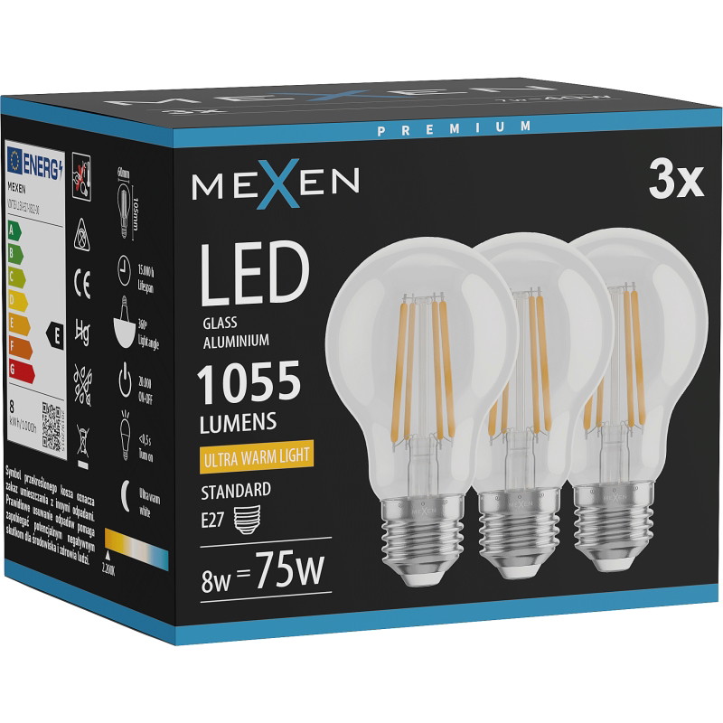 Mexen Vintis 3x żarówka filament LED E27, A60, 8W, Ciepła - 2200K, 1055 lm, clear - L150-E27-0822-00x03