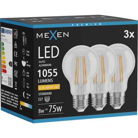 Mexen Vintis 3x żarówka filament LED E27, A60, 8W, Ciepła - 2200K, 1055 lm, clear - L150-E27-0822-00x03