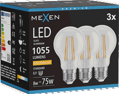 Mexen Vintis 3x żarówka filament LED E27, A60, 8W, Ciepła - 2200K, 1055 lm, clear - L150-E27-0822-00x03