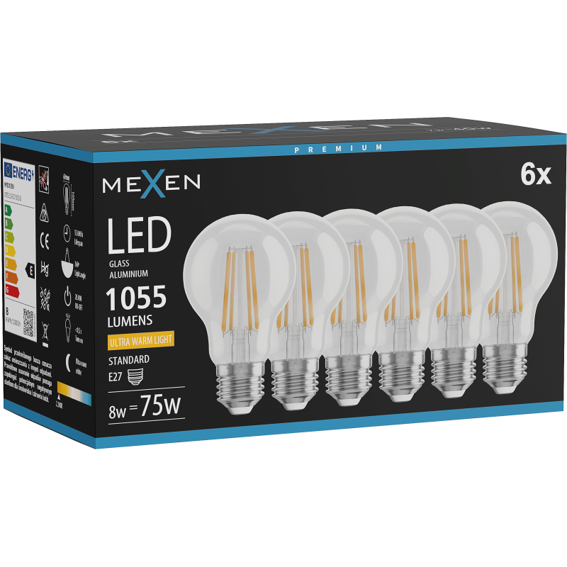 Mexen Vintis 6x żarówka filament LED E27, A60, 8W, Ciepła - 2200K, 1055 lm, clear - L150-E27-0822-00x06