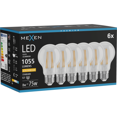 Mexen Vintis 6x żarówka filament LED E27, A60, 8W, Ciepła - 2200K, 1055 lm, clear - L150-E27-0822-00x06