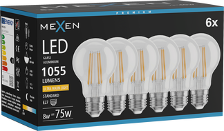 Mexen Vintis 6x żarówka filament LED E27, A60, 8W, Ciepła - 2200K, 1055 lm, clear - L150-E27-0822-00x06