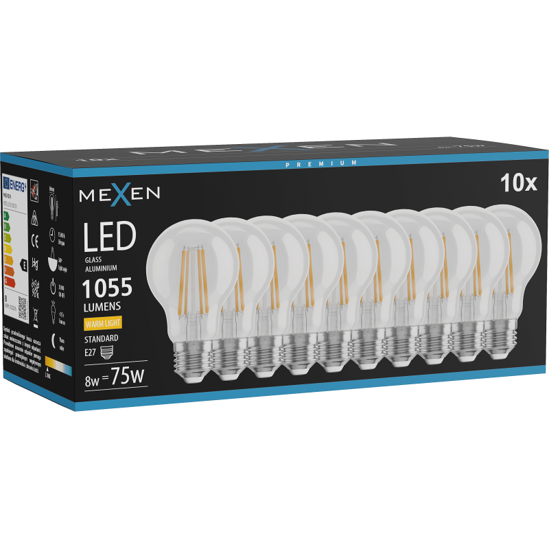 Mexen Vintis 10x żarówka filament LED E27, A60, 8W, Ciepła - 2200K, 1055 lm, clear - L150-E27-0822-00x10