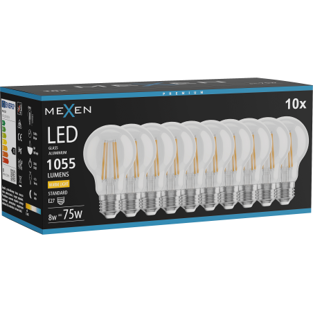 Mexen Vintis 10x żarówka filament LED E27, A60, 8W, Ciepła - 2200K, 1055 lm, clear - L150-E27-0822-00x10