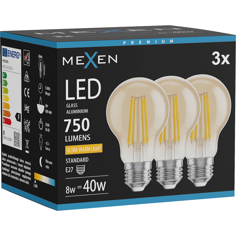 Mexen Vintis 3x żarówka filament LED E27, A60, 8W, Ciepła - 2200K, 750 lm, amber - L150-E27-0822-50x03