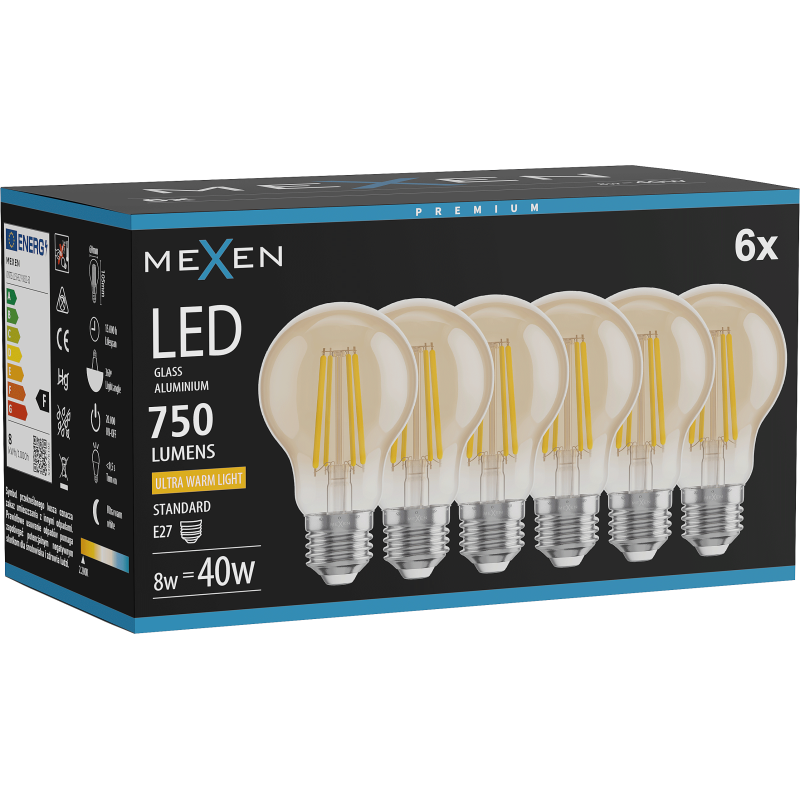 Mexen Vintis 6x żarówka filament LED E27, A60, 8W, Ciepła - 2200K, 750 lm, amber - L150-E27-0822-50x06
