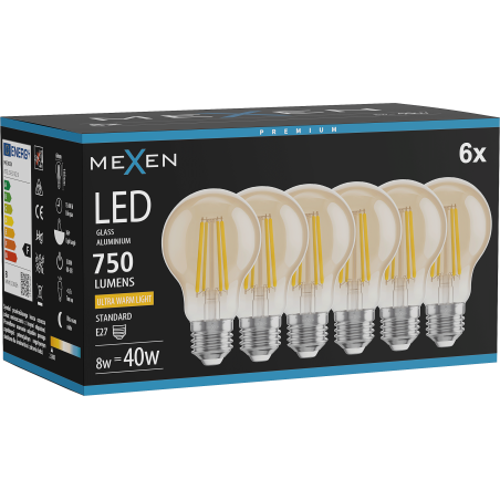 Mexen Vintis 6x żarówka filament LED E27, A60, 8W, Ciepła - 2200K, 750 lm, amber - L150-E27-0822-50x06