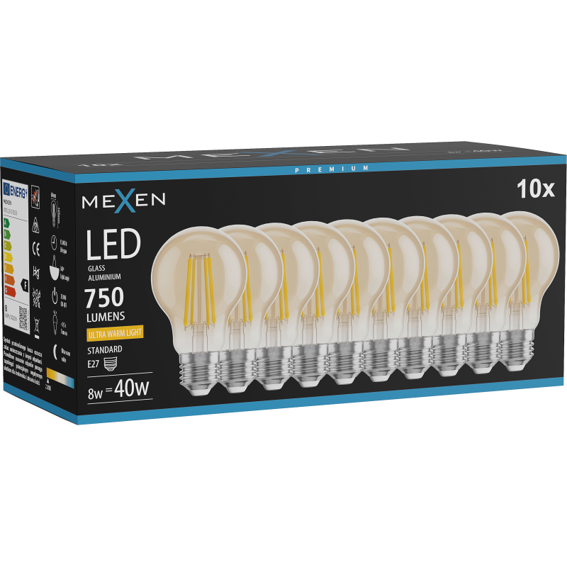 Mexen Vintis 10x żarówka filament LED E27, A60, 8W, Ciepła - 2200K, 750 lm, amber - L150-E27-0822-50x10