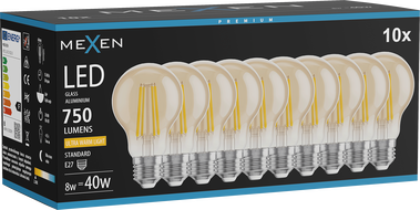 Mexen Vintis 10x żarówka filament LED E27, A60, 8W, Ciepła - 2200K, 750 lm, amber - L150-E27-0822-50x10