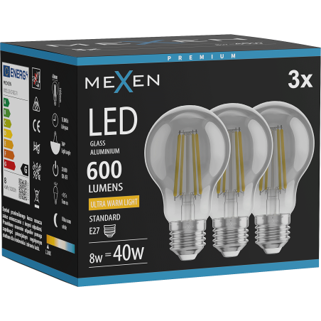 Mexen Vintis 3x żarówka filament LED E27, A60, 8W, Ciepła - 2200K, 600 lm, smoke - L150-E27-0822-70x03