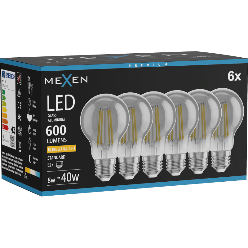 Mexen Vintis 6x żarówka filament LED E27, A60, 8W, Ciepła - 2200K, 600 lm, smoke - L150-E27-0822-70x06