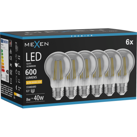 Mexen Vintis 6x żarówka filament LED E27, A60, 8W, Ciepła - 2200K, 600 lm, smoke - L150-E27-0822-70x06