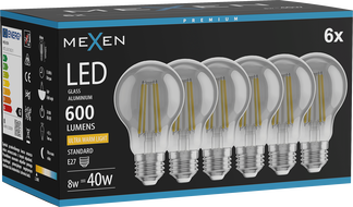 Mexen Vintis 6x żarówka filament LED E27, A60, 8W, Ciepła - 2200K, 600 lm, smoke - L150-E27-0822-70x06