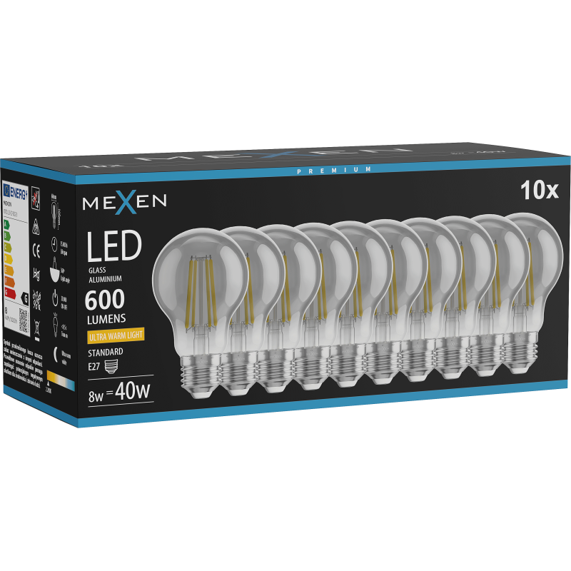 Mexen Vintis 10x żarówka filament LED E27, A60, 8W, Ciepła - 2200K, 600 lm, smoke - L150-E27-0822-70x10
