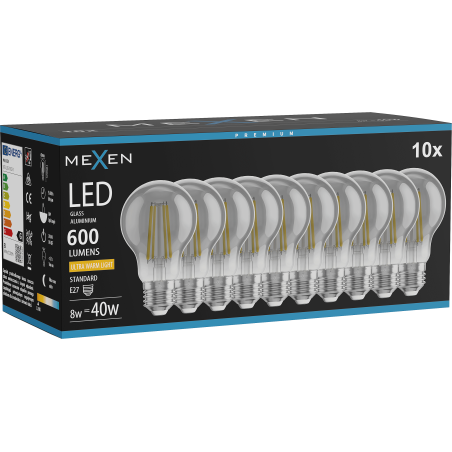 Mexen Vintis 10x żarówka filament LED E27, A60, 8W, Ciepła - 2200K, 600 lm, smoke - L150-E27-0822-70x10