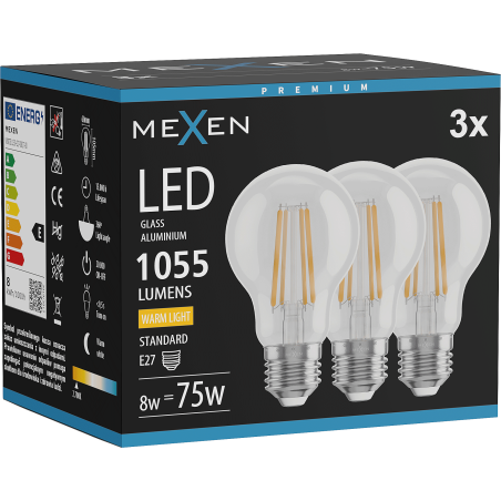 Mexen Vintis 3x żarówka filament LED E27, A60, 8W, Ciepła - 2700K, 1055 lm, clear - L150-E27-0827-00x03