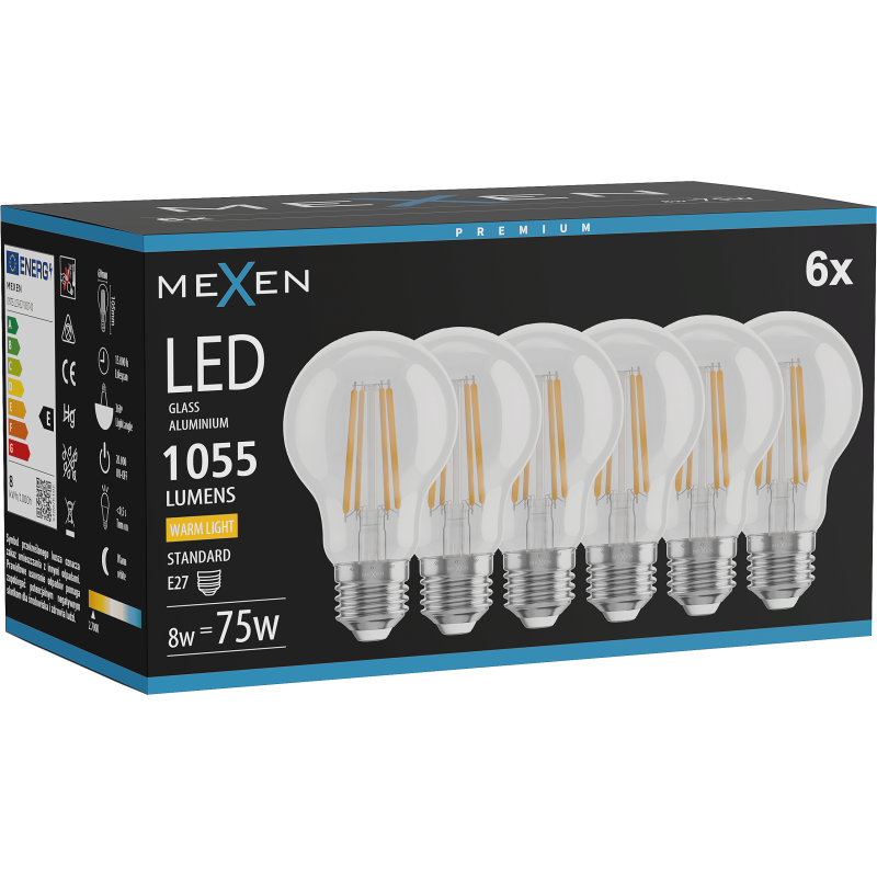 Mexen Vintis 6x żarówka filament LED E27, A60, 8W, Ciepła - 2700K, 1055 lm, clear - L150-E27-0827-00x06
