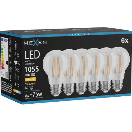 Mexen Vintis 6x żarówka filament LED E27, A60, 8W, Ciepła - 2700K, 1055 lm, clear - L150-E27-0827-00x06