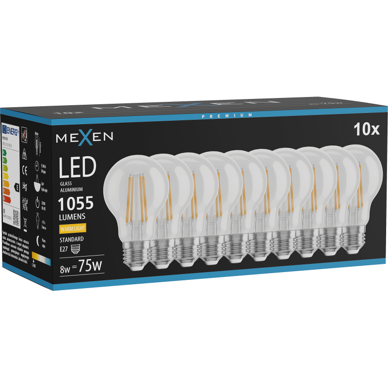 Mexen Vintis 10x żarówka filament LED E27, A60, 8W, Ciepła - 2700K, 1055 lm, clear - L150-E27-0827-00x10