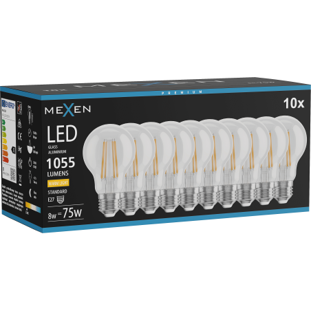 Mexen Vintis 10x żarówka filament LED E27, A60, 8W, Ciepła - 2700K, 1055 lm, clear - L150-E27-0827-00x10