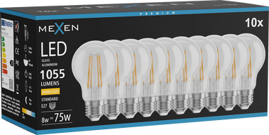 Mexen Vintis 10x żarówka filament LED E27, A60, 8W, Ciepła - 2700K, 1055 lm, clear - L150-E27-0827-00x10