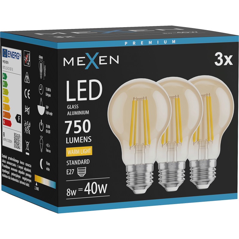 Mexen Vintis 3x żarówka filament LED E27, A60, 8W, Ciepła - 2700K, 750 lm, amber - L150-E27-0822-50x03
