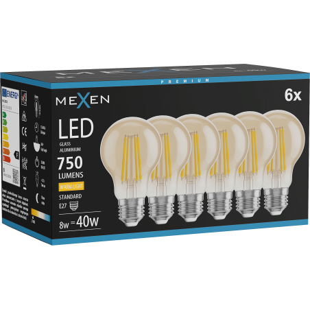 Mexen Vintis 6x żarówka filament LED E27, A60, 8W, Ciepła - 2700K, 750 lm, amber - L150-E27-0822-50x06