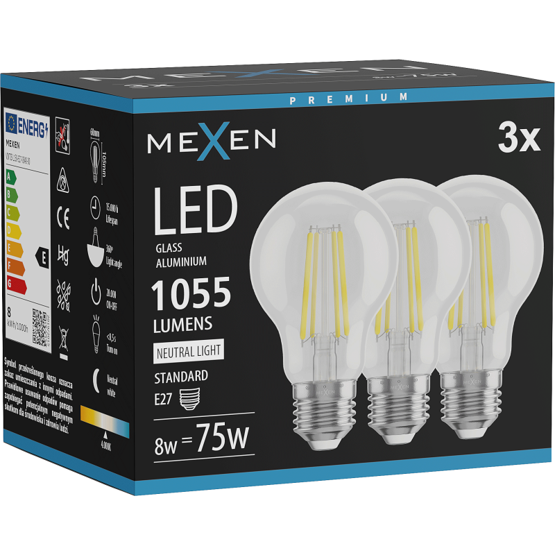 Mexen Vintis 3x żarówka filament LED E27, A60, 8W, Neutralna - 4000K, 1055 lm, clear - L150-E27-0840-00x03