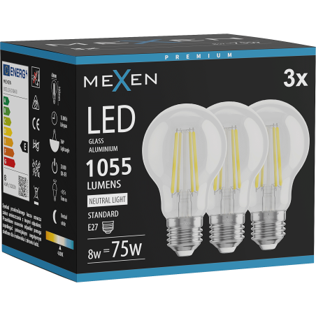 Mexen Vintis 3x żarówka filament LED E27, A60, 8W, Neutralna - 4000K, 1055 lm, clear - L150-E27-0840-00x03