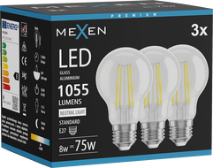 Mexen Vintis 3x żarówka filament LED E27, A60, 8W, Neutralna - 4000K, 1055 lm, clear - L150-E27-0840-00x03