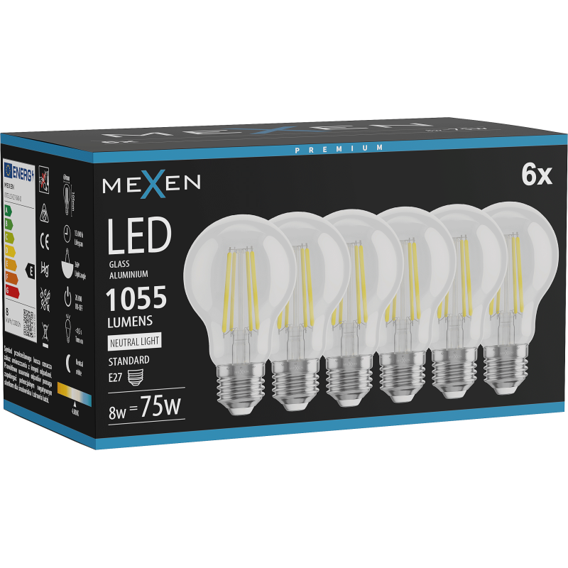 Mexen Vintis 6x żarówka filament LED E27, A60, 8W, Neutralna - 4000K, 1055 lm, clear - L150-E27-0840-00x06