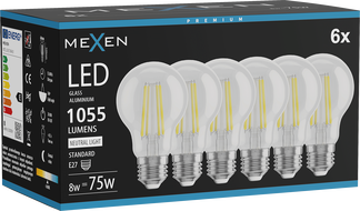 Mexen Vintis 6x żarówka filament LED E27, A60, 8W, Neutralna - 4000K, 1055 lm, clear - L150-E27-0840-00x06