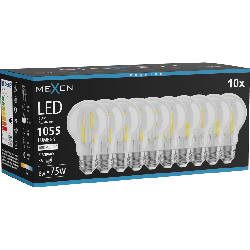 Mexen Vintis 10x żarówka filament LED E27, A60, 8W, Neutralna - 4000K, 1055 lm, clear - L150-E27-0840-00x10
