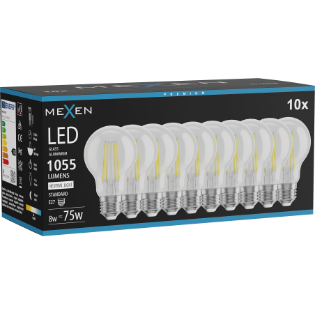 Mexen Vintis 10x żarówka filament LED E27, A60, 8W, Neutralna - 4000K, 1055 lm, clear - L150-E27-0840-00x10