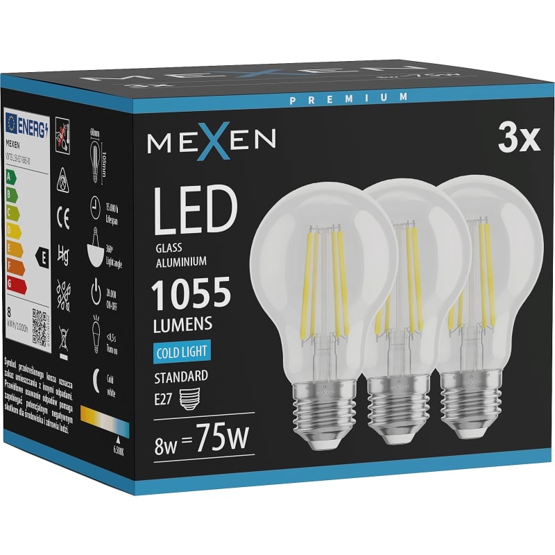 Mexen Vintis 3x żarówka filament LED E27, A60, 8W, Zimna - 6500K, 1055 lm, clear - L150-E27-0865-00x03