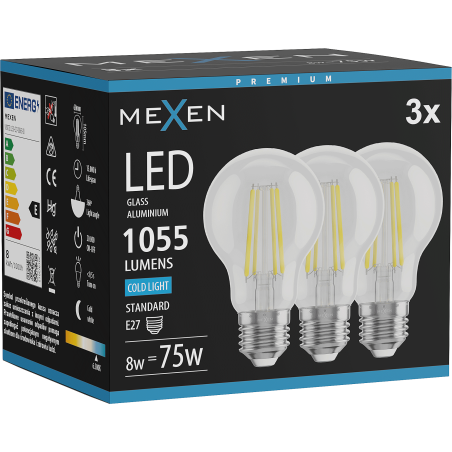Mexen Vintis 3x żarówka filament LED E27, A60, 8W, Zimna - 6500K, 1055 lm, clear - L150-E27-0865-00x03