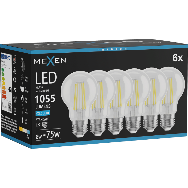 Mexen Vintis 6x żarówka filament LED E27, A60, 8W, Zimna - 6500K, 1055 lm, clear - L150-E27-0865-00x06