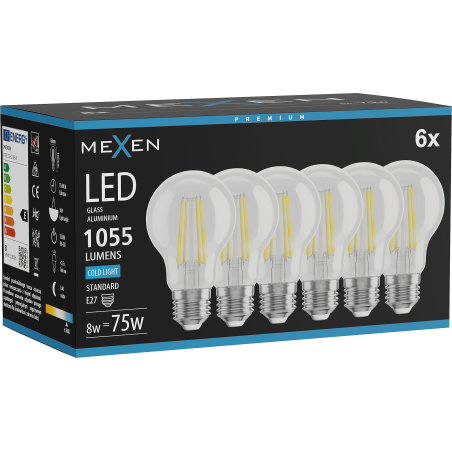 Mexen Vintis 6x żarówka filament LED E27, A60, 8W, Zimna - 6500K, 1055 lm, clear - L150-E27-0865-00x06
