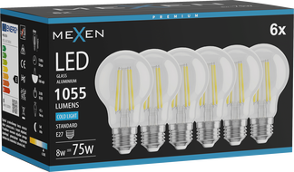 Mexen Vintis 6x żarówka filament LED E27, A60, 8W, Zimna - 6500K, 1055 lm, clear - L150-E27-0865-00x06