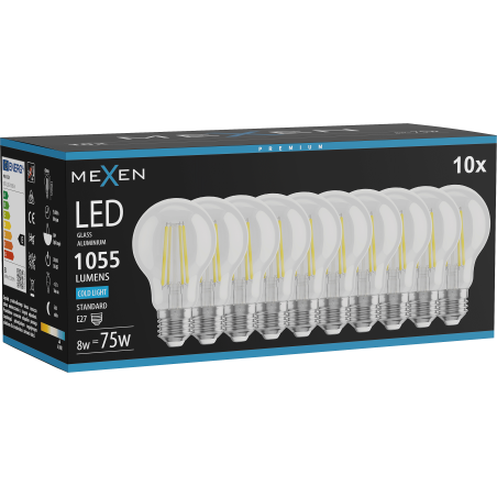 Mexen Vintis 10x żarówka filament LED E27, A60, 8W, Zimna - 6500K, 1055 lm, clear - L150-E27-0865-00x10