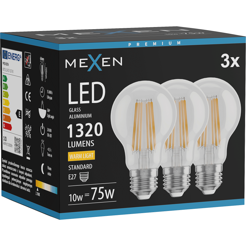 Mexen Vintis 3x żarówka filament LED E27, A60, 10W, Ciepła - 2700K, 1320 lm, clear - L150-E27-1027-00x03