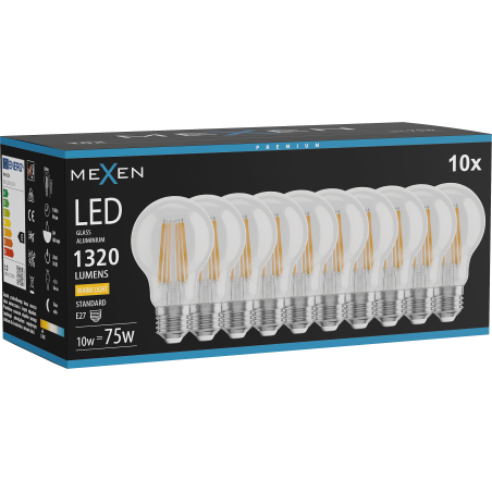Mexen Vintis 10x żarówka filament LED E27, A60, 10W, Ciepła - 2700K, 1320 lm, clear - L150-E27-1027-00x10