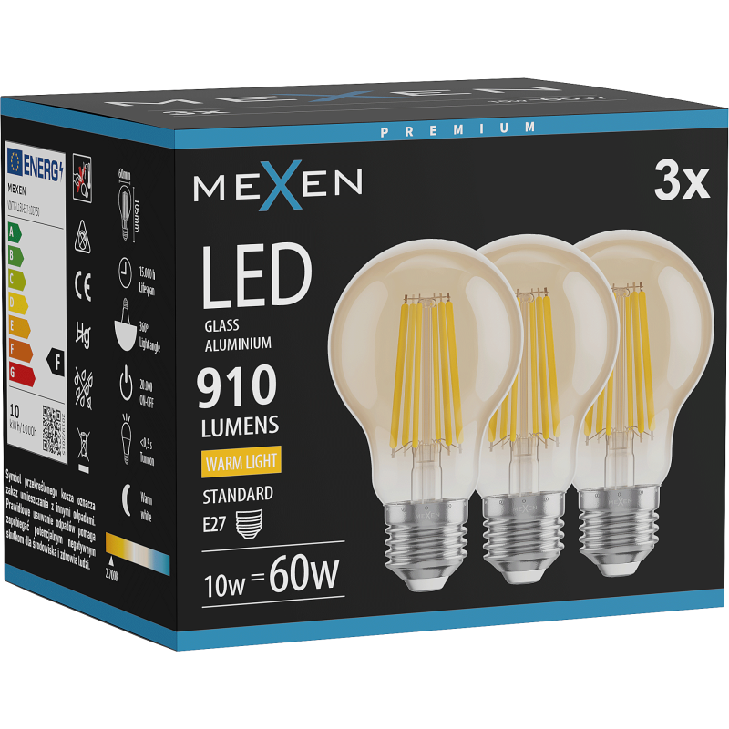 Mexen Vintis 3x żarówka filament LED E27, A60, 10W, Ciepła - 2700K, 910 lm, amber - L150-E27-1027-50x03