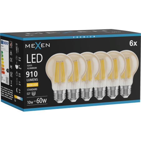 Mexen Vintis 6x żarówka filament LED E27, A60, 10W, Ciepła - 2700K, 910 lm, amber - L150-E27-1027-50x06
