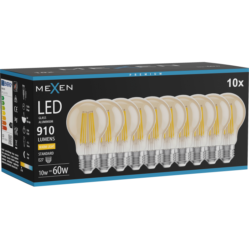 Mexen Vintis 10x żarówka filament LED E27, A60, 10W, Ciepła - 2700K, 910 lm, amber - L150-E27-1027-50x10