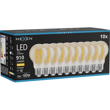 Mexen Vintis 10x żarówka filament LED E27, A60, 10W, Ciepła - 2700K, 910 lm, amber - L150-E27-1027-50x10
